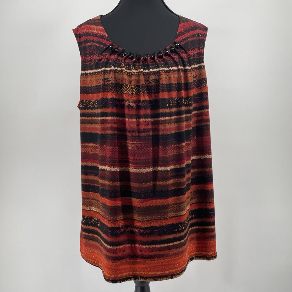Dressbarn Women’s 1X Sleeveless Top Fall Shirt Blouse Beaded Orange Brown Stripe
